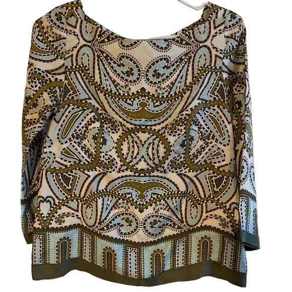 J. Crew Tops - J. CREW Talitha Olive Green GEO Art Deco  Print 3/4 Sleeve Silk Top * SZ 0
